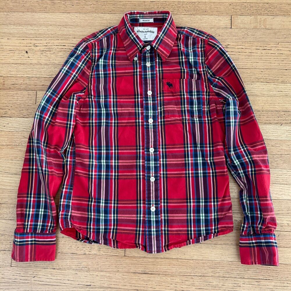 Abercrombie Fitch Red Plaid Kids Shirt Large Long Sleeve Button Up Muscle